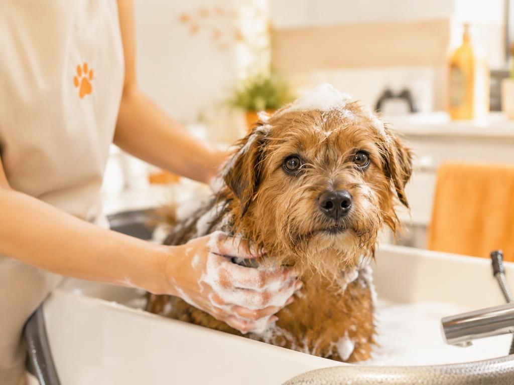A scruffy dog being gently bathed with light foam