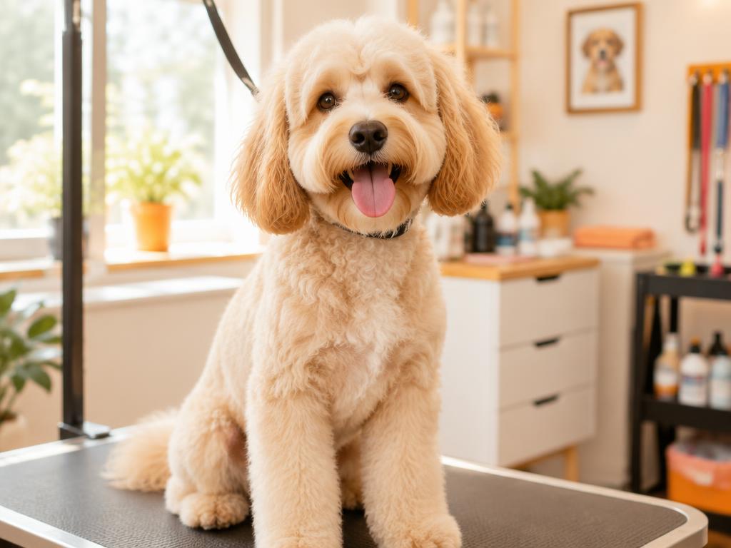 A freshly groomed dog sitting proudly on the grooming table