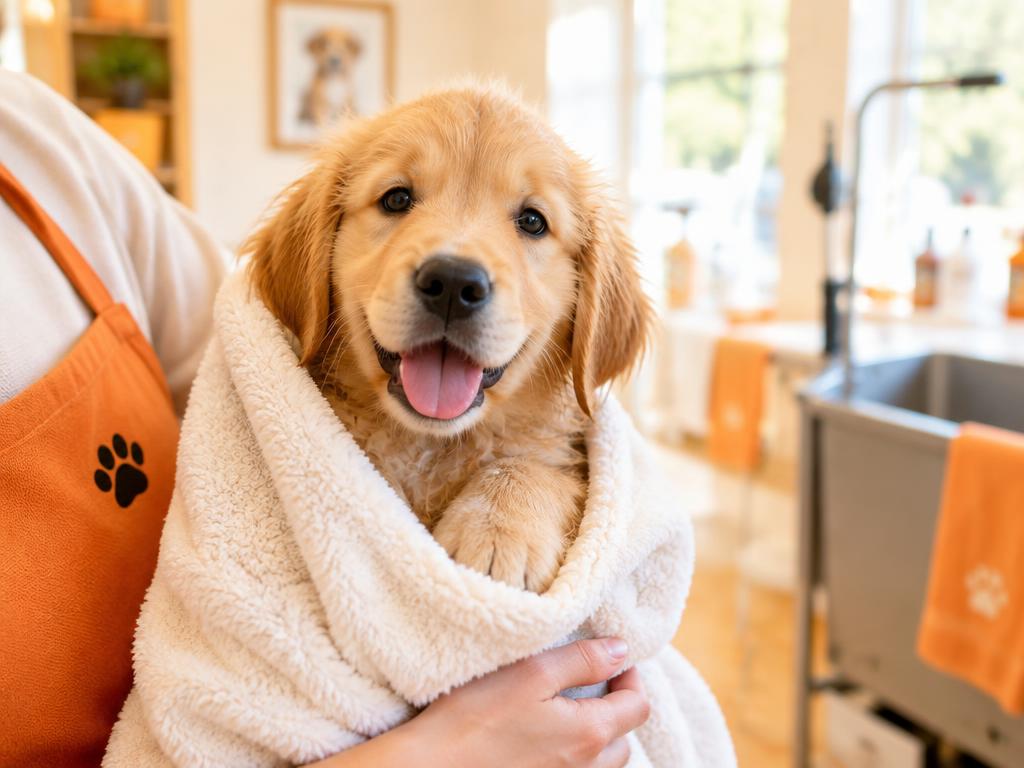 A golden puppy wrapped in a soft towel after its first groom
