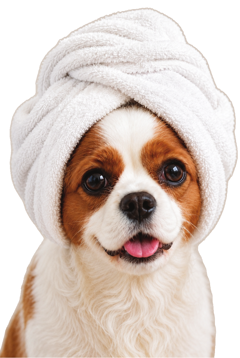 Freshly groomed dog wrapped in a soft towel